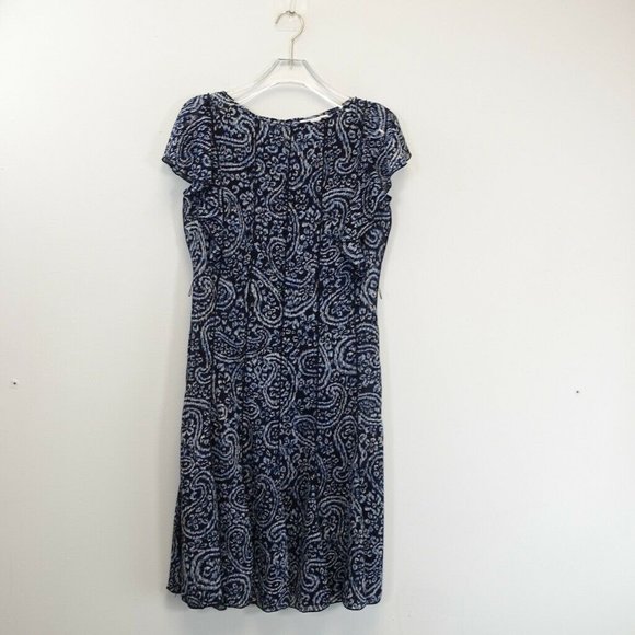 DRESSBARN Navy Midi Dress 4 SMALL‎ Paisley Sheer Ruffle Cap Sleeve Unlined Swing - Picture 1 of 10